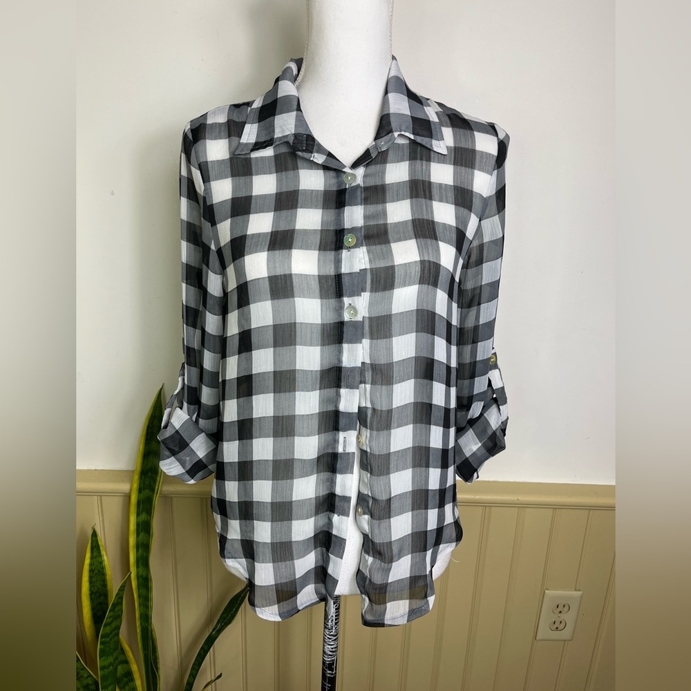About A Girl Plaid Sheer Button-Up Shirt Small | Fall Grunge Soft Goth Y2K